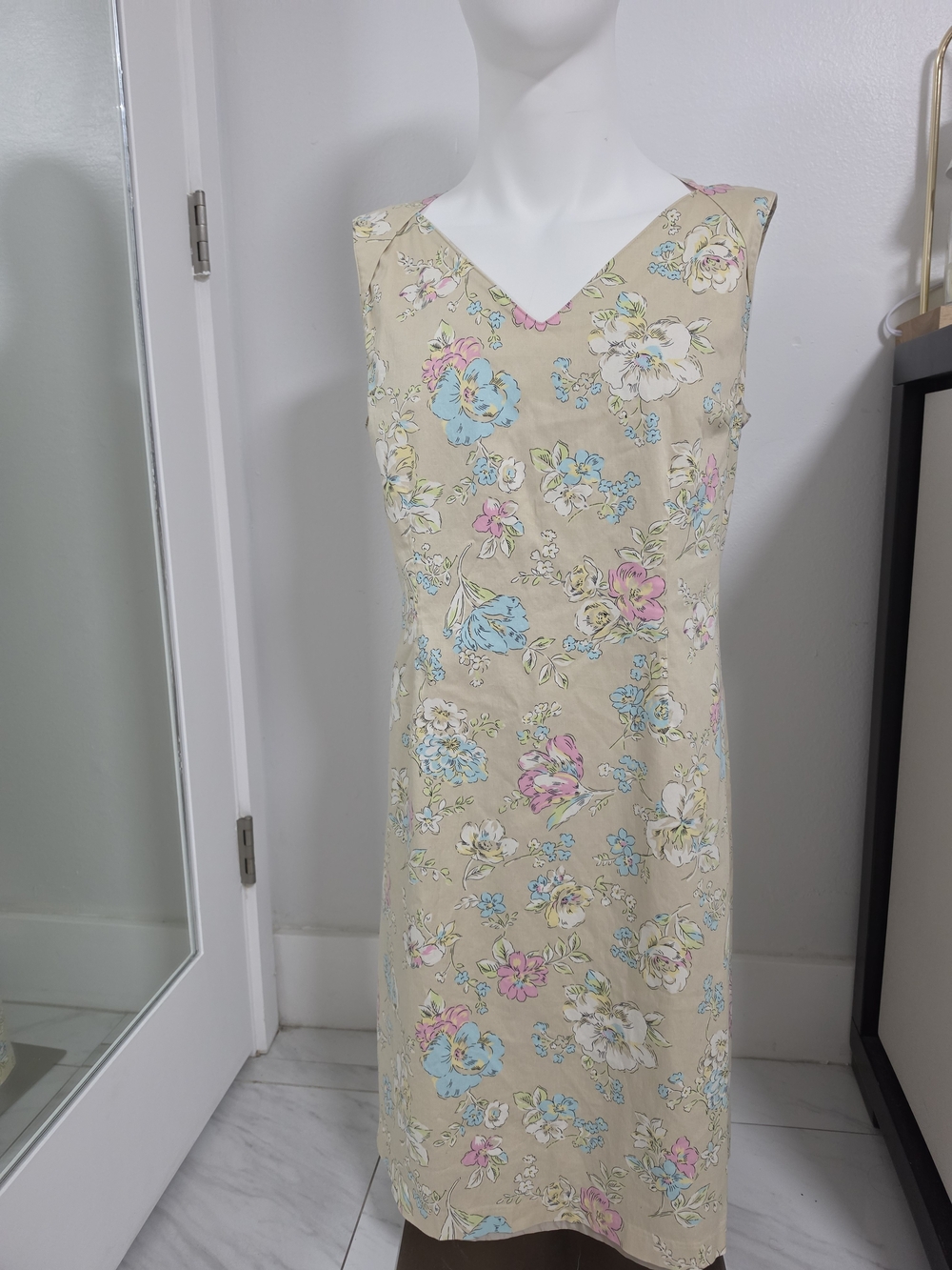 Oscar de la Renta Beige Floral Midi Dress with Blue and Pink Blooms